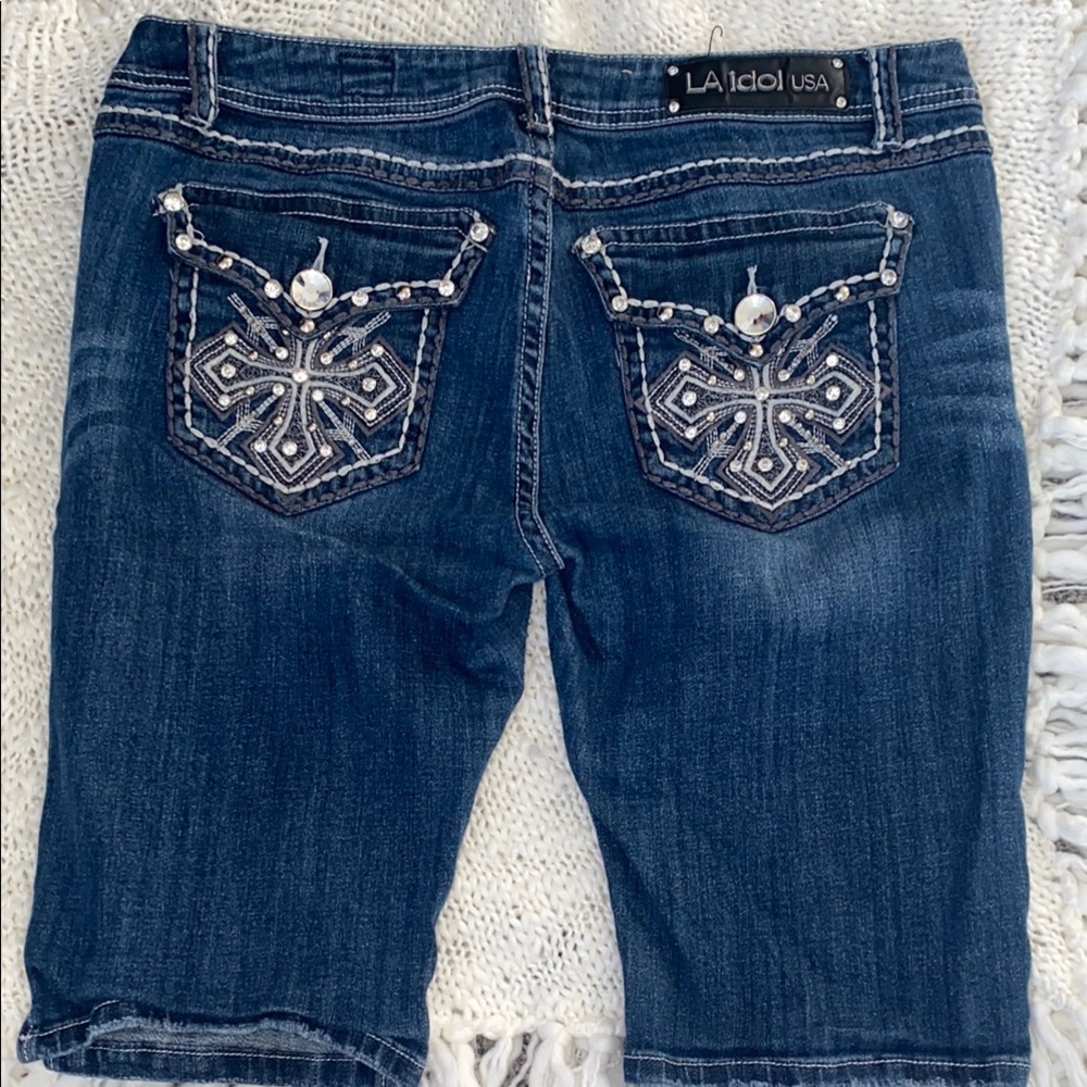 Y2K LA Idol Rhinestone Cross Denim Shorts Size 13 Low Rise McBling
